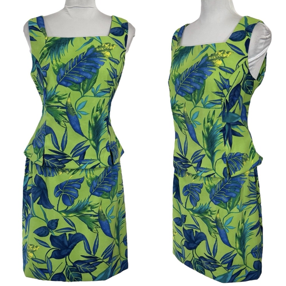 Vintage Tropical 2 Pc Skirt Set M Green Blue Banana Leaf Print Sleeveless Tank